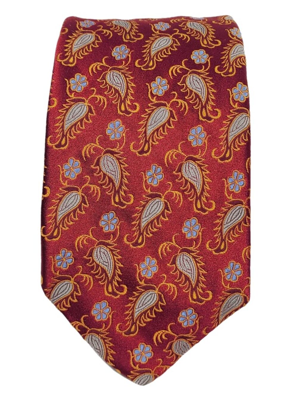 Robert Talbott Red Silk Tie with Gold, Blue Flower Print 3.25 x 60